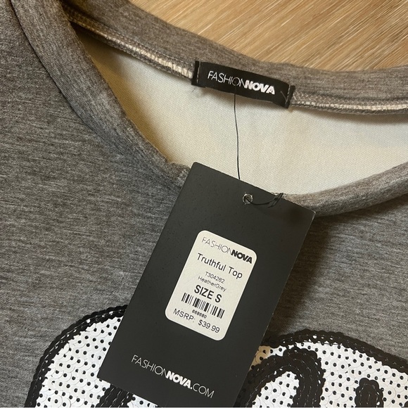 Fashion Nova “Boys Lie” Sequin Graphic Top Gray Sz Small NWT puff body sleeve - Picture 6 of 6